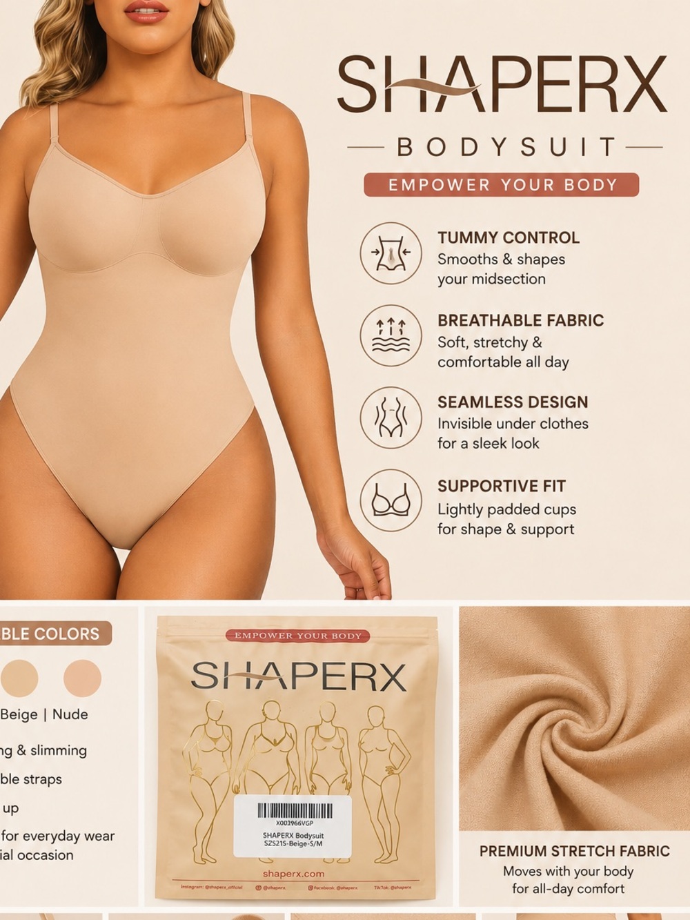 🐞SHAPERX Seamless Shapewear Bodysuit - Nude Beige
